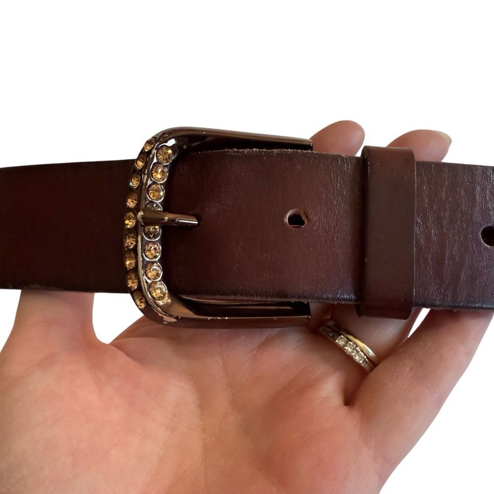 Fossil Brown Leather Belt Rhinestone Buckle Sz M - Picture 2 of 16